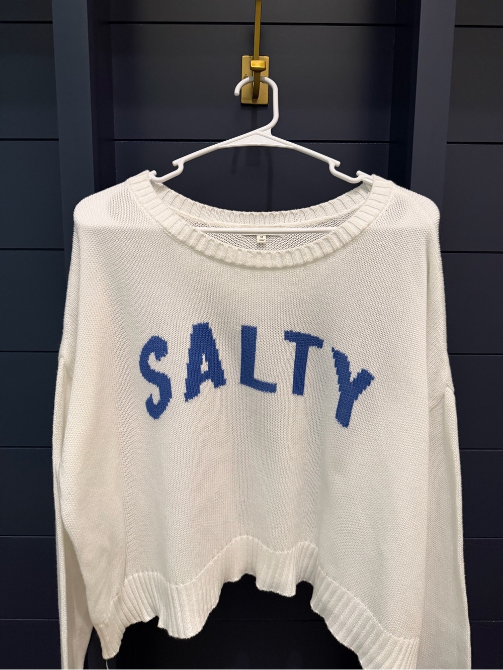 Z Supply White Crewneck Sweater with Blue "SALTY" Lettering